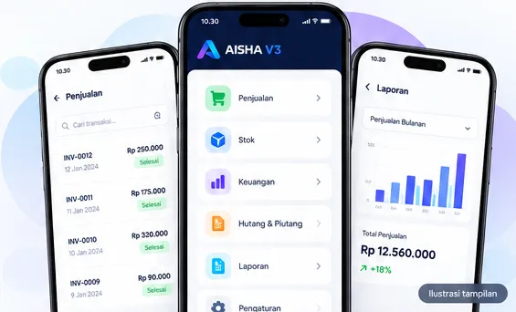 Ilustrasi halaman penjualan, beranda, dan laporan AISHA V3